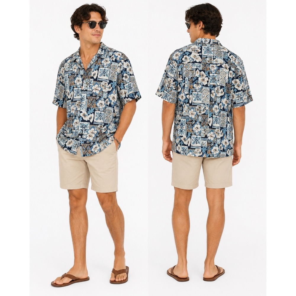 Campia Moda Button Down Shirt Men XL Blue Floral Geometric Cotton Aloha Hawaiian